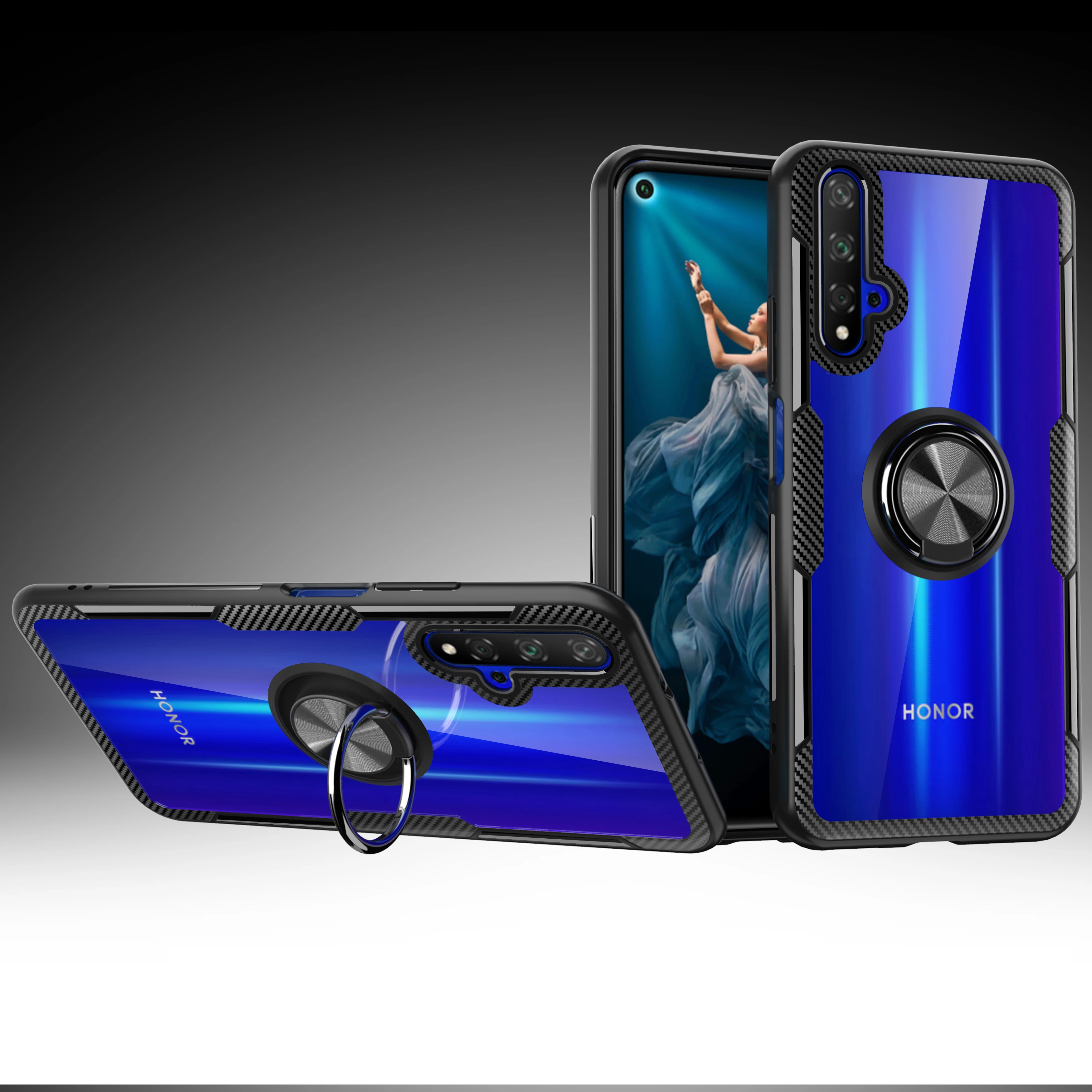 

Transparent Car Holder Magnetic Ring Phone Case Metal+Silicone Cover On For Huawei Honor 20 Lite Pro Honor20 20Pro 64/128/256 GB