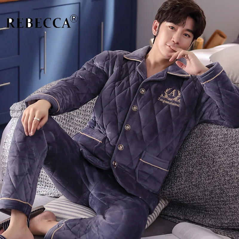 

Мужская зимняя трехслойная Толстая Фланелевая пижама, мужские топы и штаны для сна с вышивкой на груди, теплая домашняя одежда