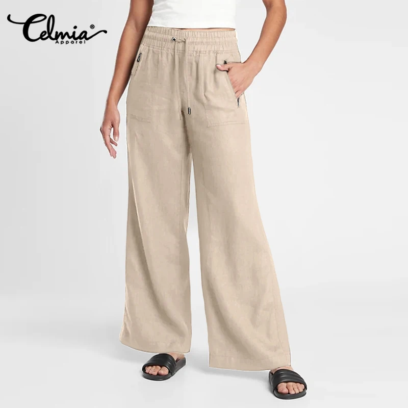 

Celmia 2021 Summer Vintage Cotton Long Pants Fashion Women Elastic High Waist Casual Wide Leg Trousers Solid Pockets Pantalons
