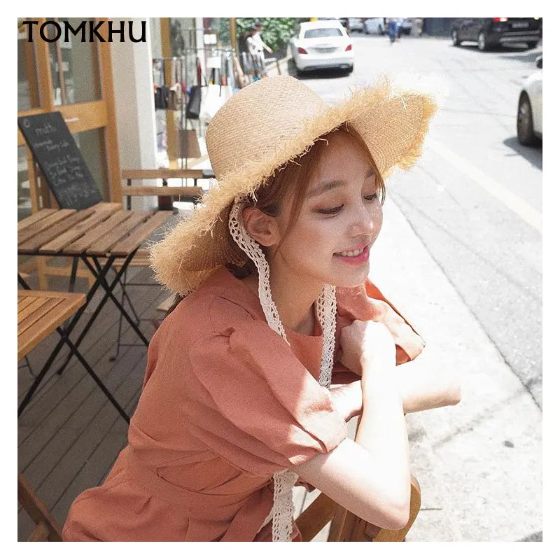 Шляпа женская Соломенная из рафии Пляжная Панама с белыми кружевными лентами