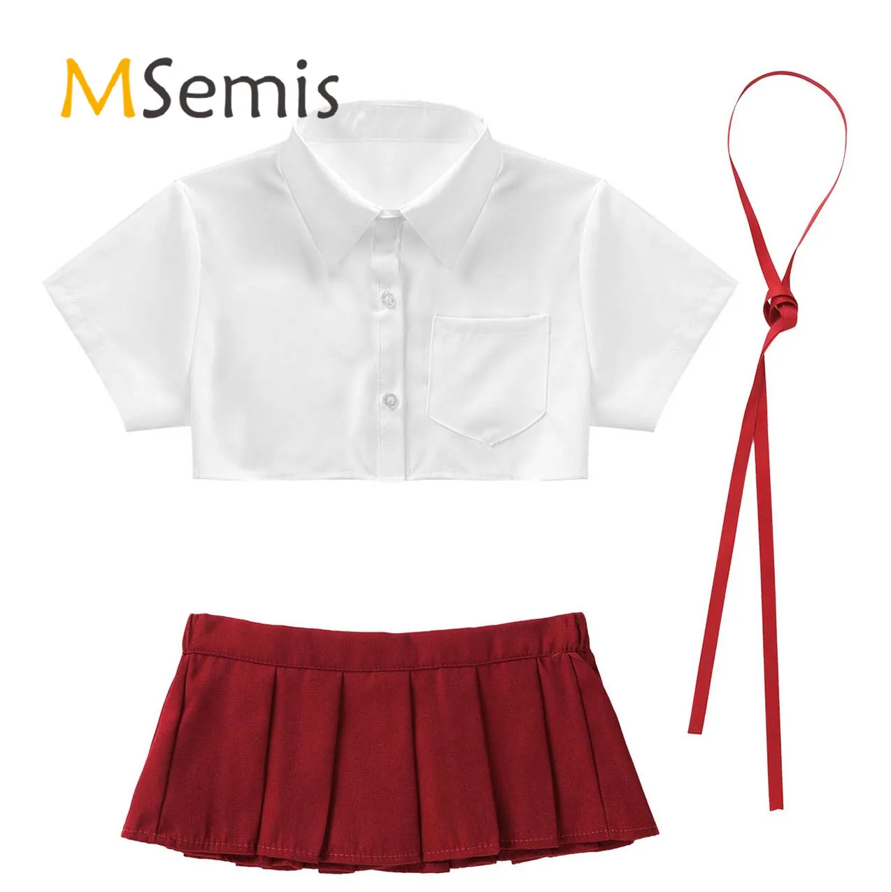 

3Pcs Womens Naughty School Girl Cosplay Costume Outfit Turn-down Collar T-shirt Crop Tops with Ribbon and Mini Pleated Skirt