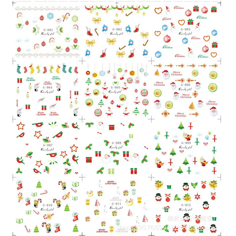 12 шт/1 лист 3D Рождественские наклейки для ногтей рождественские Санты Снеговики