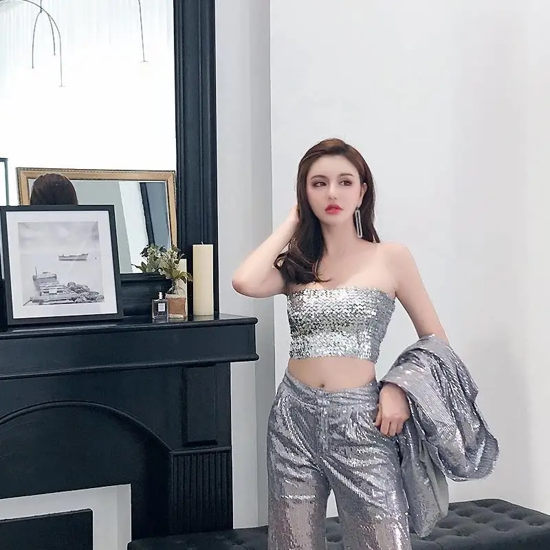 

Bling Sequins Crop Tops Sexy Women Strapless Tube Top Stretchy Vest Festival Rave Clothing Stage Performance Party Clubwear A11#