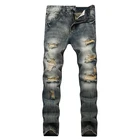 Мужские рваные джинсы в уличном стиле, брюки из денима с дырками, разрушенные, Новый известный бренд, байкерские джинсы с прямыми вставками высокого качества