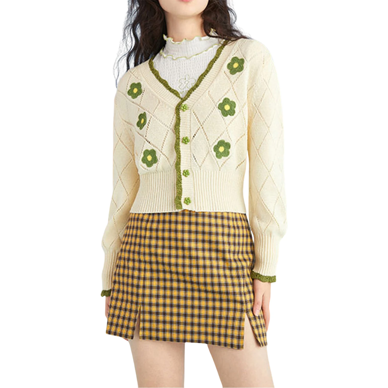 

Женские вязаные свитера, кардиган, корейский стиль, с рисунком ромбиками и цветочным узором, v-образный вырез, топы на пуговицах, осень 2021