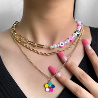 boho colorful flower metal clavicle chain pearl beaded multilayer necklaces for women asymmetry choker necklace beach jewelry
