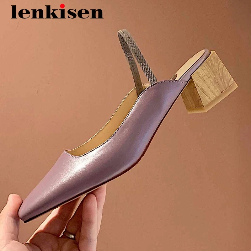 

Lenkisen concise style real cow leather handmade square toe thick med heel slip on comfortable dress dating soft women pumps L93