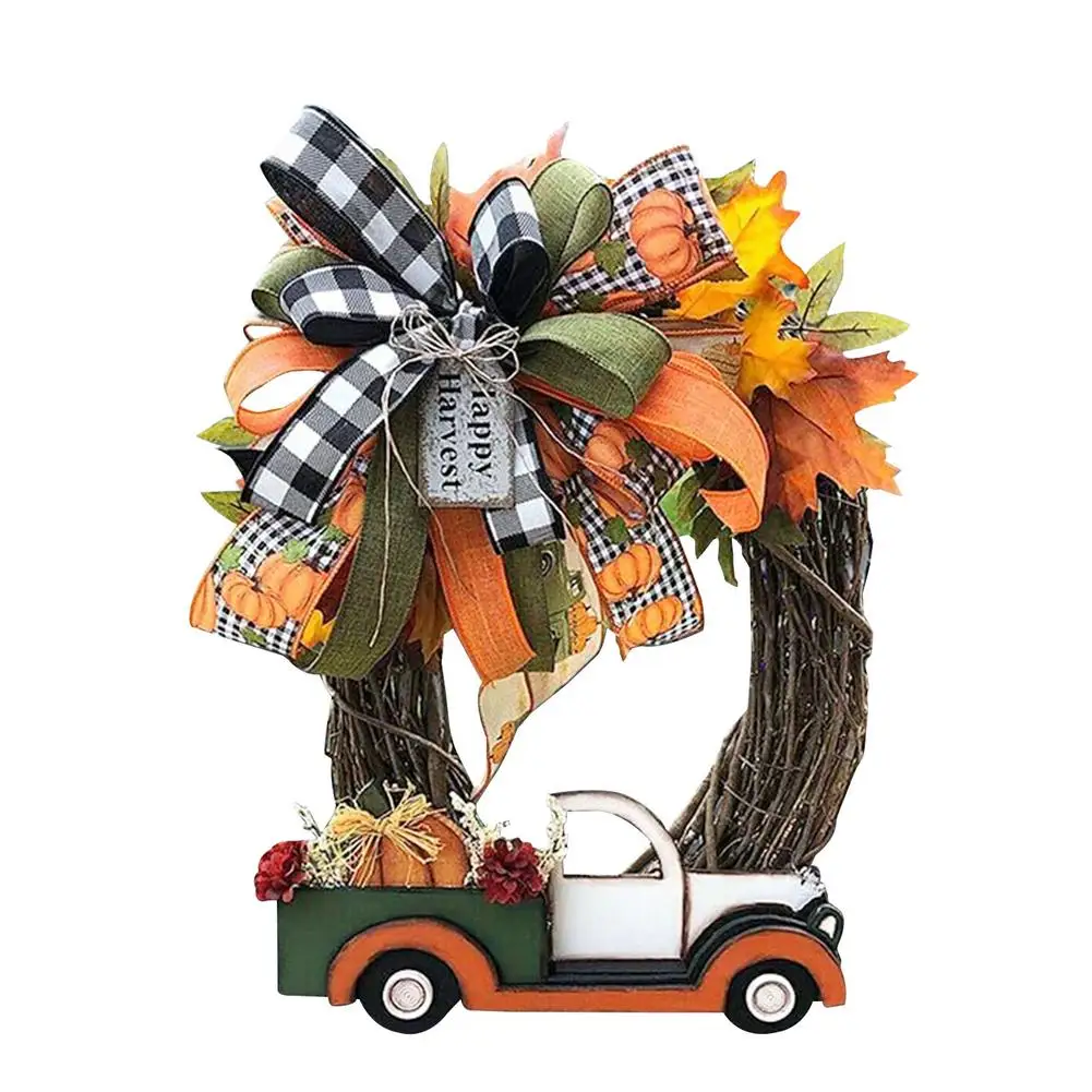 

Farmhouse Pumpkin Truck Wreath-Autumn Nature Decoration Pumpkin Truck Wreath Autumn Door Decoration Garland Ornament