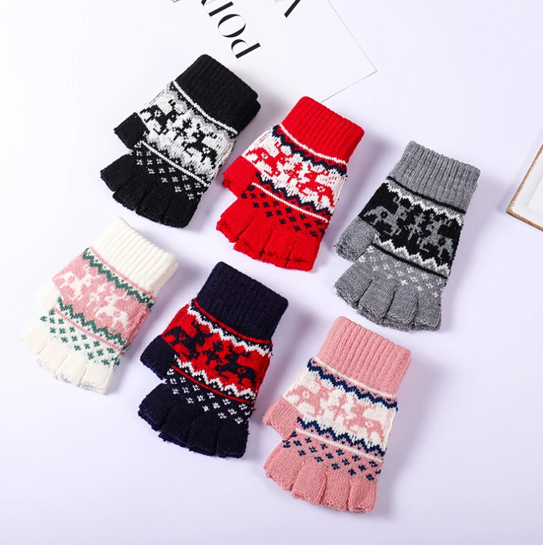 Осенне зимние женские вязаные перчатки без пальцев милые рождественские для