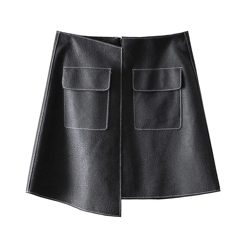 

Fashion Asymmetrical Genuine Leather Skirt Women High Waist Pockets Mini Skirts Autumn Casual A-Line Wrap Real Sheepskin Skirts