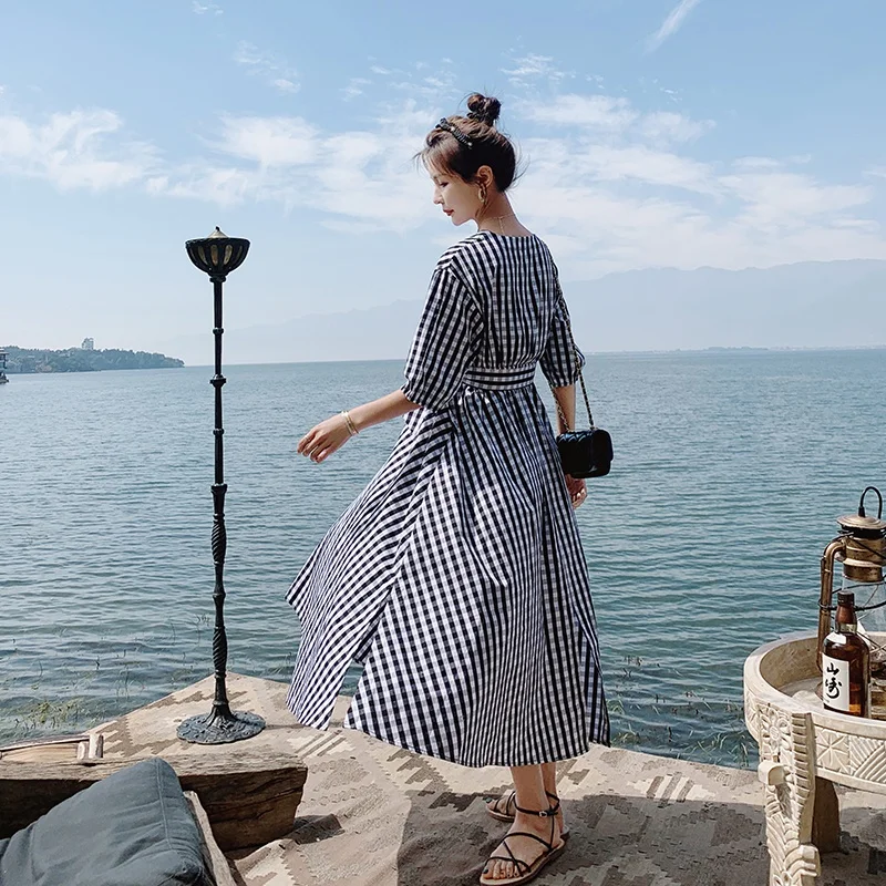 

Plaid Dress Puff Short Sleeve V-neck Big Swing Elegant Vintage Women 2021 Summer Casual Slim Long Bandage Dress Female