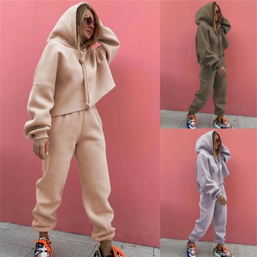 

Women Tracksuits 2 Pieces Sets Autumn Winter Casual Long Sleeve Hooded Sweatshirt Outfit Thick Warm Solid Suit Apricot Joggers