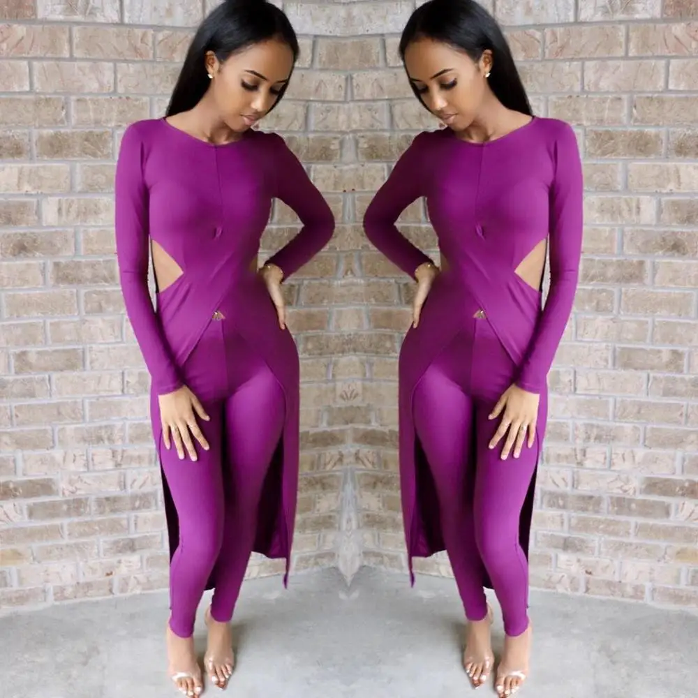 

young party women fashion simple solid color round neck long sleeves crop t op and leggings 2 pieces set sexy tight night set