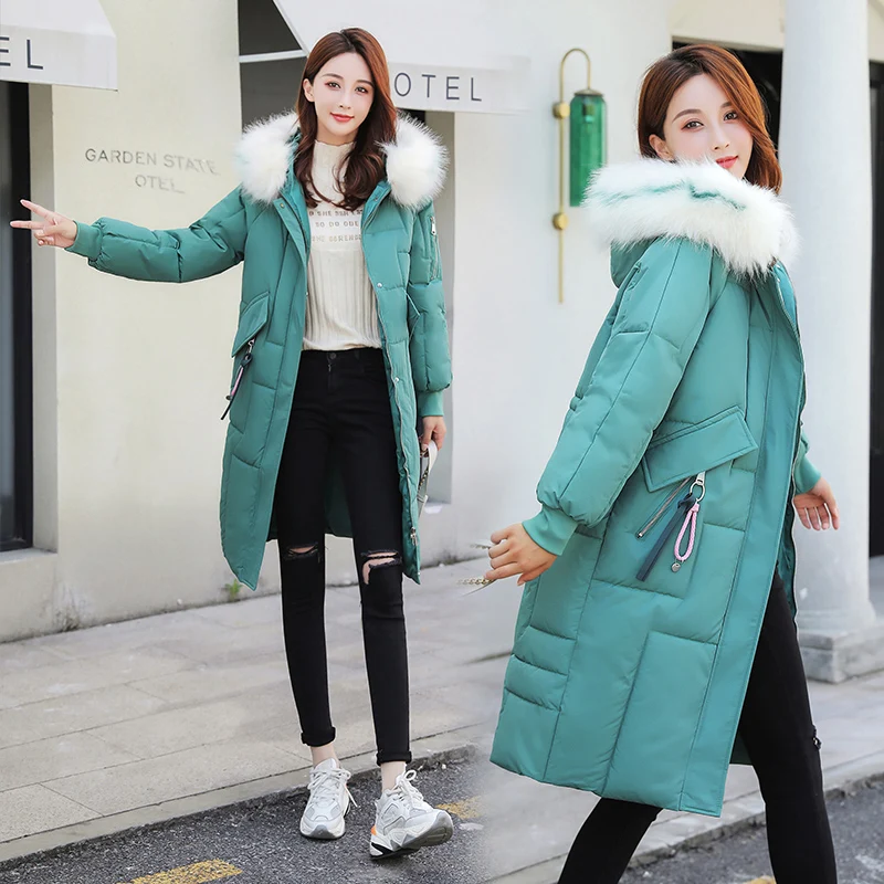 Women's Winter Parka Coat 2021 New Korean Long Loose Down Padded Jacket Fur Collar Thick Keep Warm Long-Sleeved Fashion Jacket