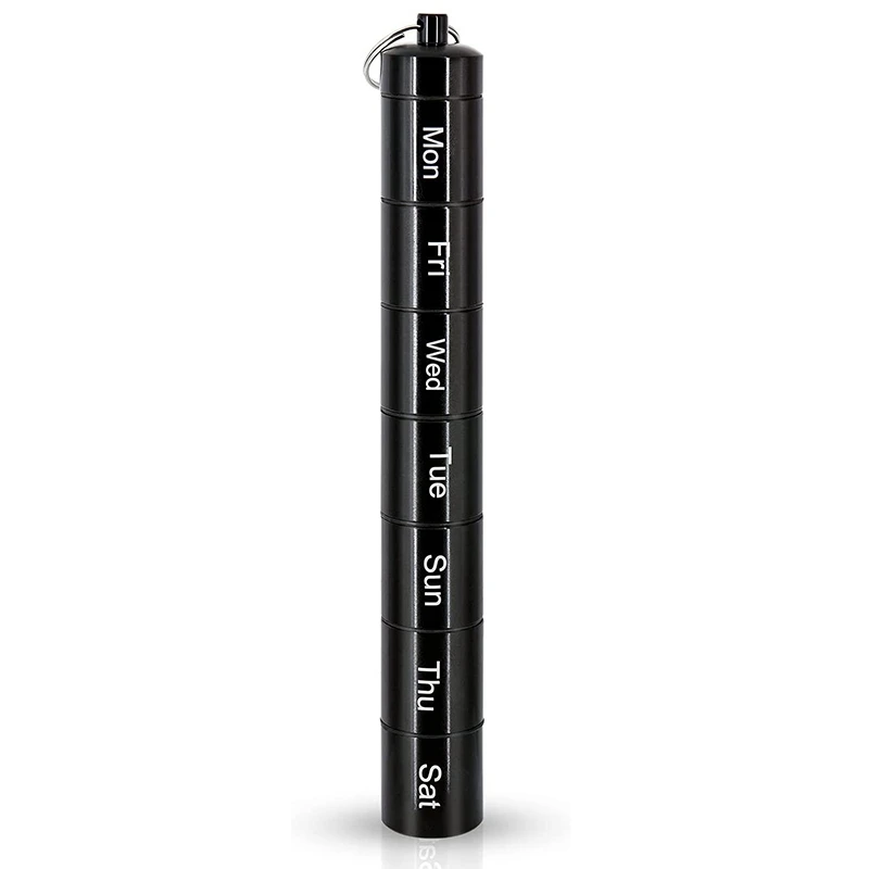 

Black Metal Pill Box Organizer, 7 Days Pill Organizer, Waterproof Emergency Keychain Pill Holder Medicine Case