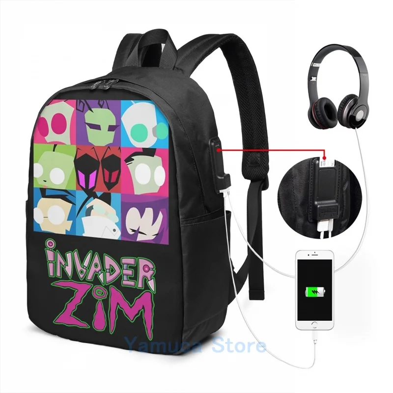 Забавная коллекция Invader Zim с графическим принтом рюкзак USB-зарядкой для мужчин и