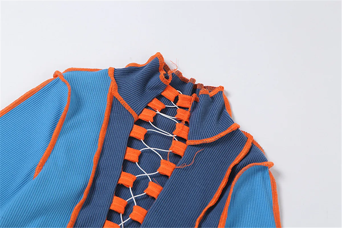 

Ribbed Patchwork Hot Sexy Hollow Out T-Shirts For Women 2021 Autumn Turtleneck Long Sleeve Bodycon Clubwear Crop Tops