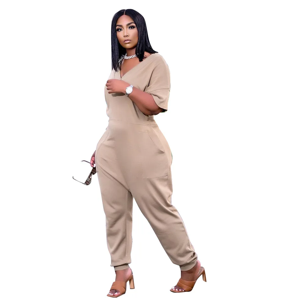 

Best Sale Women Solid Casual Jumpsuits 2021 Summer Short Sleeves V-neck Pockets Loose Casual Rompers Female Outfits Big Size