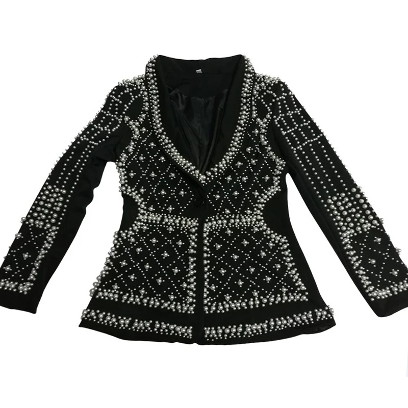 

VGH Patchwork Beading Blazer Female V Neck Long Sleeve High Waist Plus Size Coat For Women Summer Clothing 2020 Fashion New