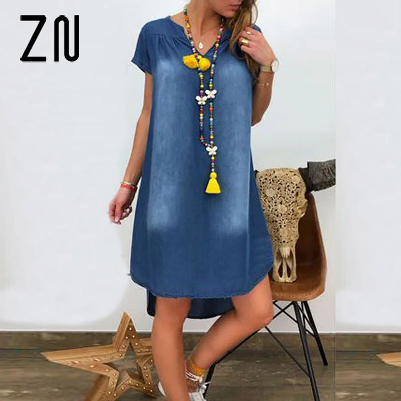 Женское платье размера плюс ZN повседневное свободное джинсовое с v образным
