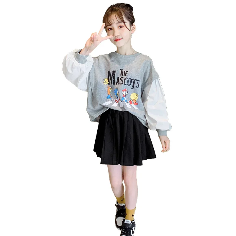 

Children's Western-style letter cartoon printed T-shirt 2021 spring new children's clothing girls stitching bottoming shirt tide