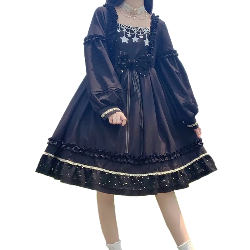 

Lolita Cute Ruffles Girls Princess Dress Gothic Cosplay Party Kawaii Sequin Lace Long Sleeve Halloween Maid Black Sweet Clothes