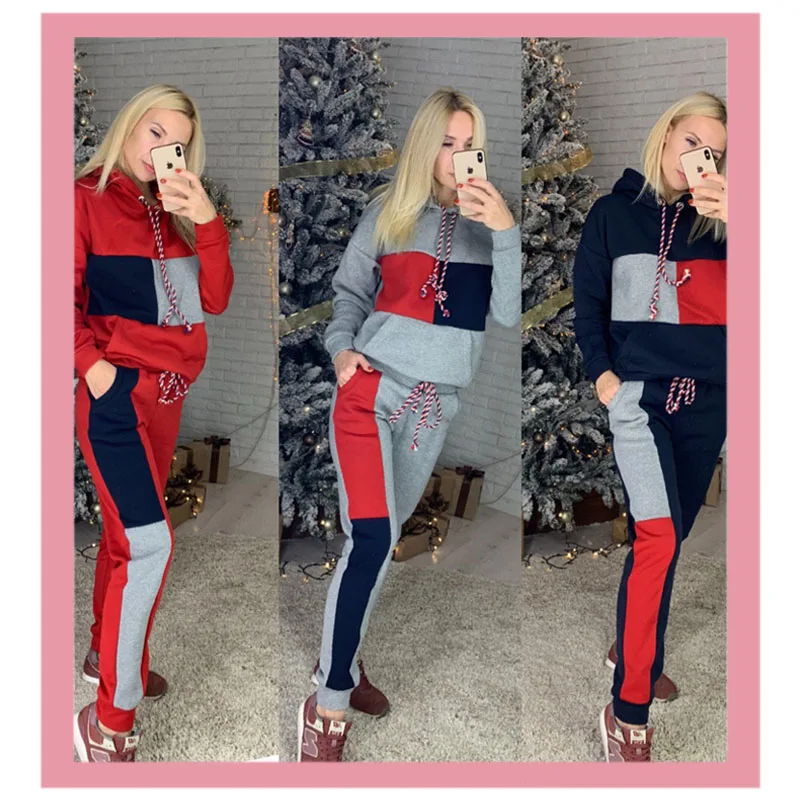 

Спортивный костюм женский, зимний, теплый, в клетку, с капюшоном и штанами, большого размера, 2020