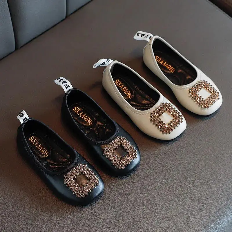 

JY Children Girls Rhinestone Party Shoes Flat Bean Princess 26-36 black &beige