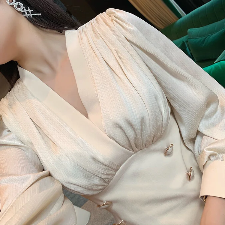 

autumn heart-pounding niche design gentle temperament double-breasted packet buttock women cultivate morality dress