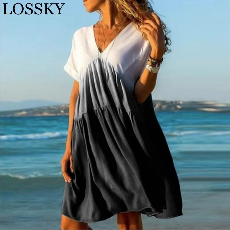 

Women Summer Boho Loose Mini Dress Casual Short Sleeve V Neck Ruffles Gradient Color Patchwork Beach Dress Basic Dresses Vestido