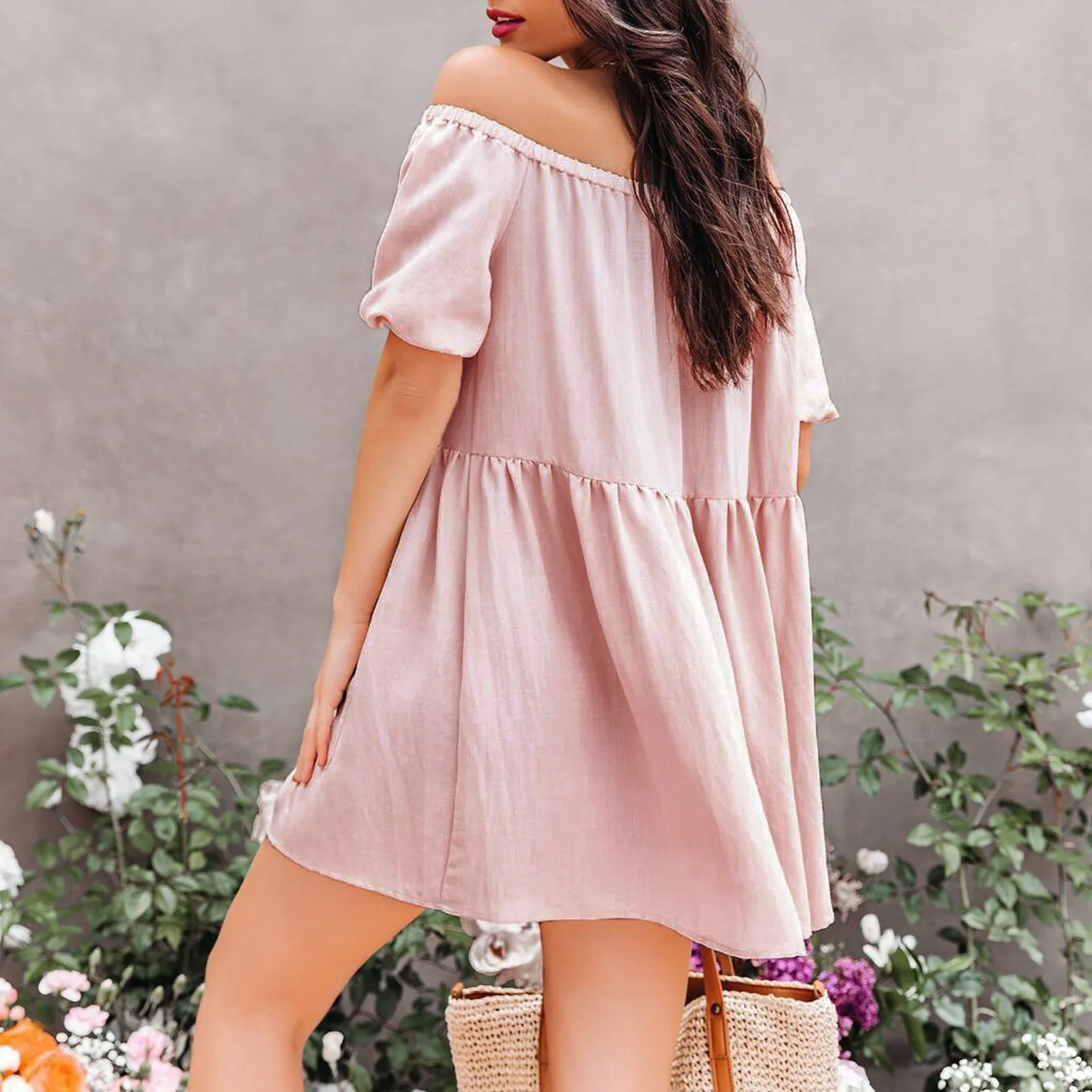 

Summer Sexy Party Dress Women Short Sleeve Pink Casual Button Slash-Neck Flowy Swing Mini Dress Sundress Vestidos robe femme