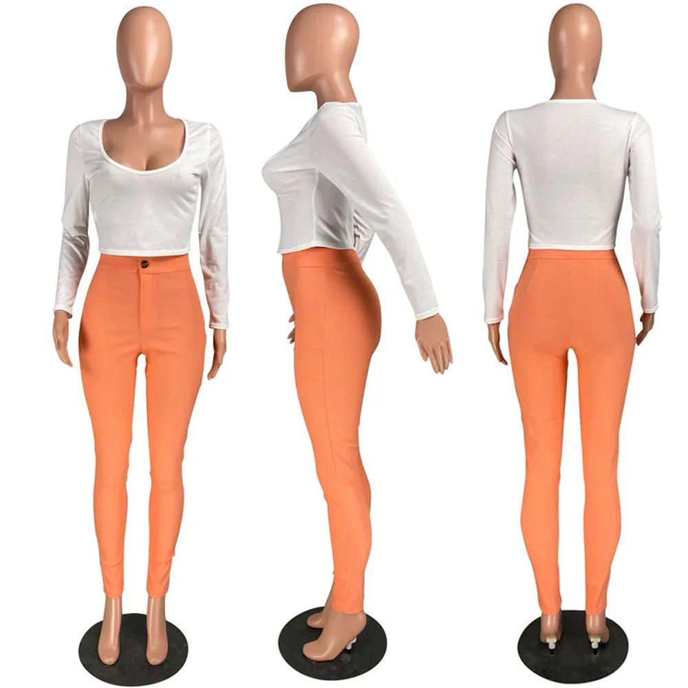 

White Deep V-neck Long Sleeve Slim T-shirts Tops and Neon Color Stretchy Pencil Pant Autumn Winter Casual Two Piece Club Outfits