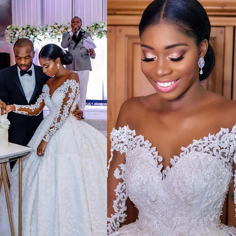 

New White SCOOP Wedding Dress Luxury Long Sleeve Ball Gown Illusion Top Pearl Beaded Lace Bridal Gown Vestido De Noiva