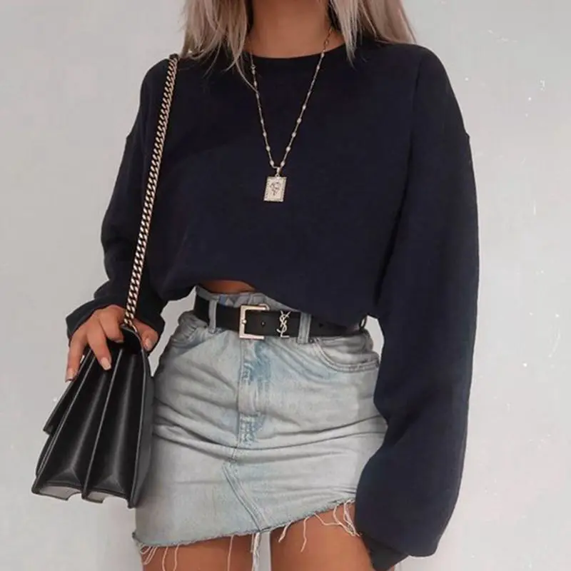 

Autumn Women's Long Sleeve Sweatshirt Top Round Neck Cotton Solid Color Pullover Ladies Crop Top Sweatshirt Tee Short T-Shirt