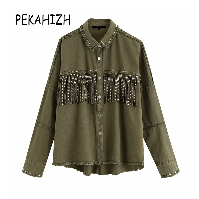 

Женская джинсовая куртка оверсайз с бахромой и бусинами, винтажная модная верхняя одежда с длинным рукавом и потертостями, шикарные свобод...