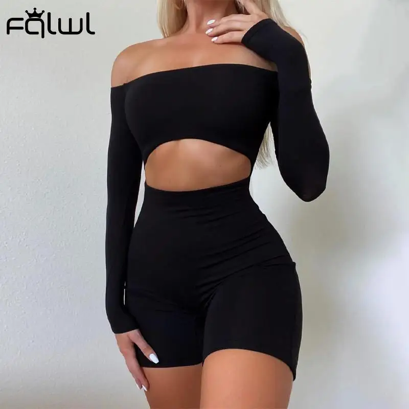 

FQLWL Autumn Black Rompers Womens Jumpsuit Long Sleeve Hollow Out Bodycon Rompers Playsuits One Piece Sexy Club Outfits Women
