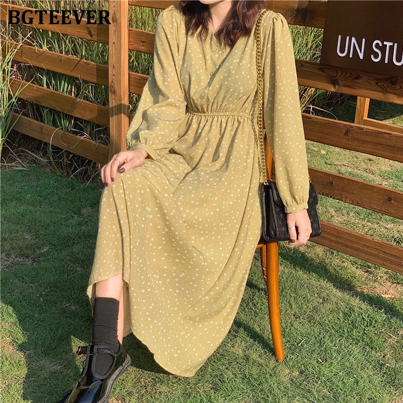 Платье BGTEEVER женское с цветочным принтом повседневное зеленое V образным вырезом