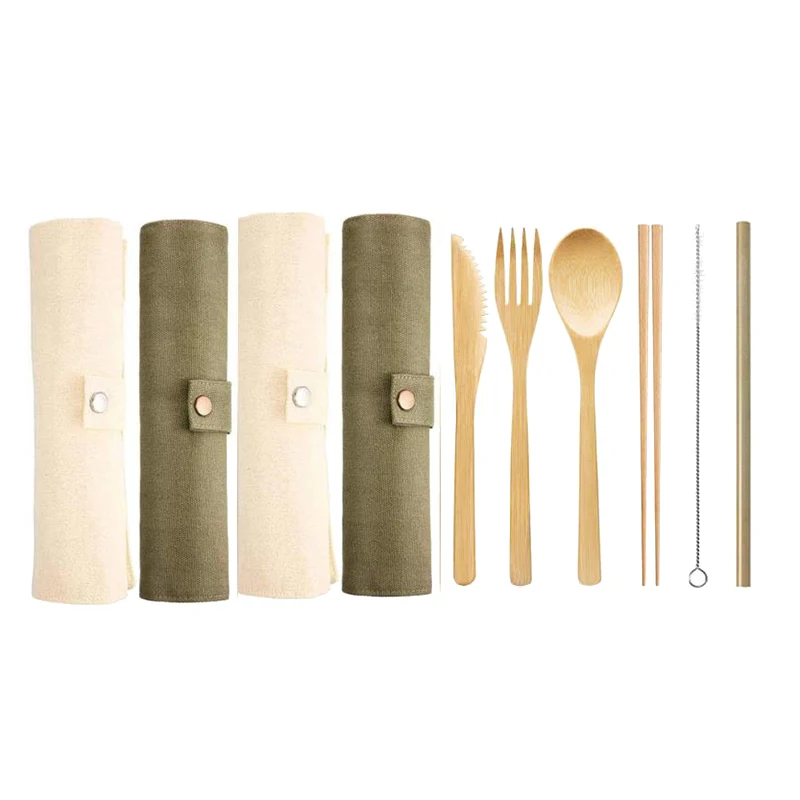4 набора бамбуковых дорожных столовых приборов многоразовые портативные