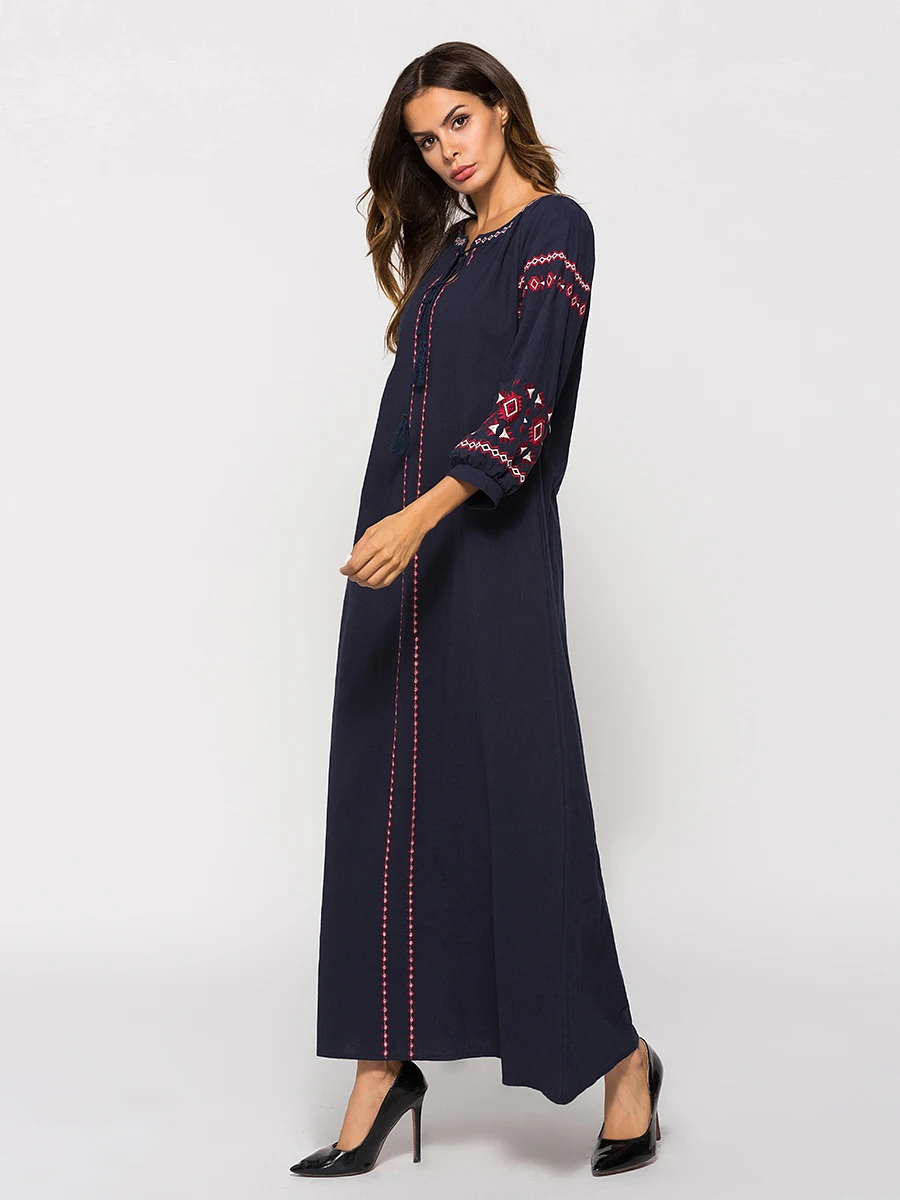 

embroidery Elegant maxi Dress for Women autumn tassel neck long sleeve ramadan gown EID arabic dubai abaya kaftan robe VKDR1952