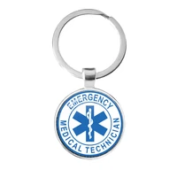 emergency medical technician paramedic symbol logo keychain glass cabochon blue star of life emt sign key rings holder for gift