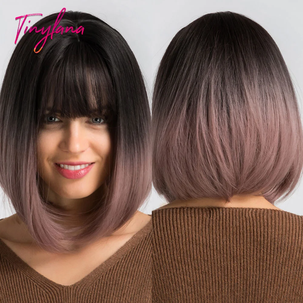 

TINY LANA Ombre Black Gray Pink Wig With Bangs Short Bob Wig for Women Cosplay Party Daily Use Synthetic Bob Wigs Heat Resistant