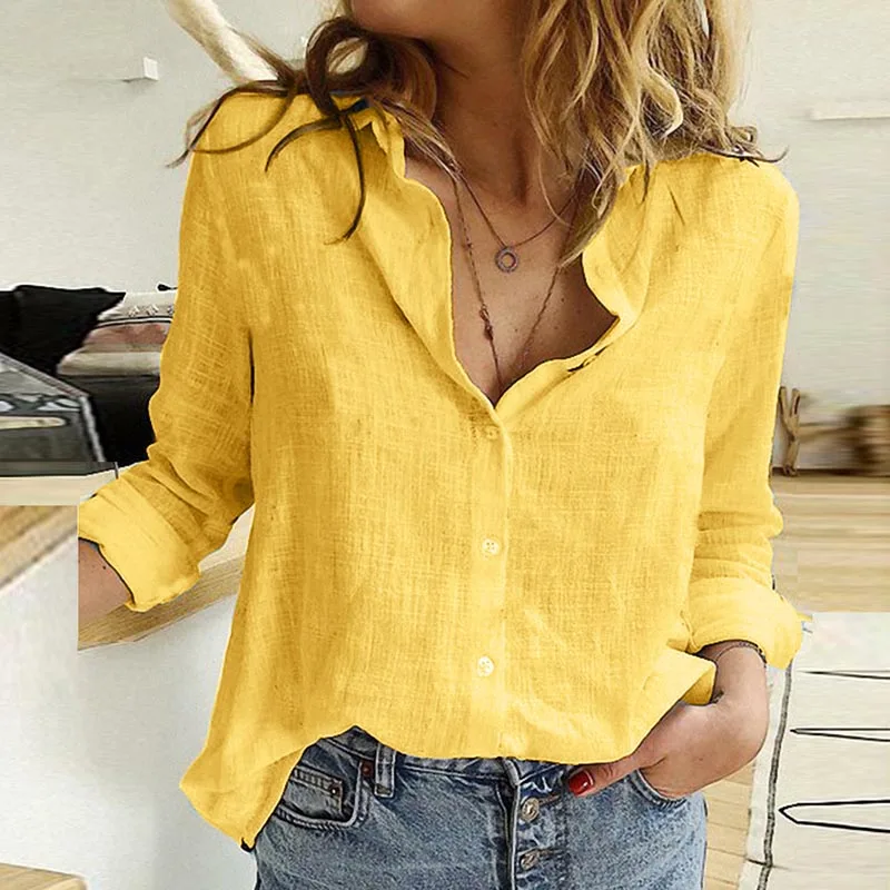 

Women's Spring Solid Color Button Shirts Fashion Long Sleeve Tops Casual Blouses Loose New Clothes Lady Casual Linen Clothing