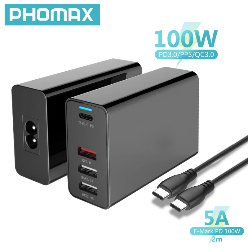 

PHOMAX 100W 4-Port USB C Power Adapter PD 100W/87W/65W/45W/30W/18W Type C Fast Charger for Macbook Pro 13/15/16 iPhone 8 11 XS X
