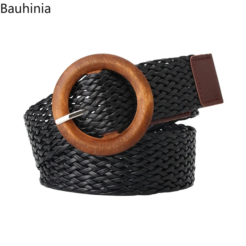 

New Style105x3.5cm Fashion All-match Designer Pin Buckle Belt Wooden Button Ladies Retro Dress Woven Belt