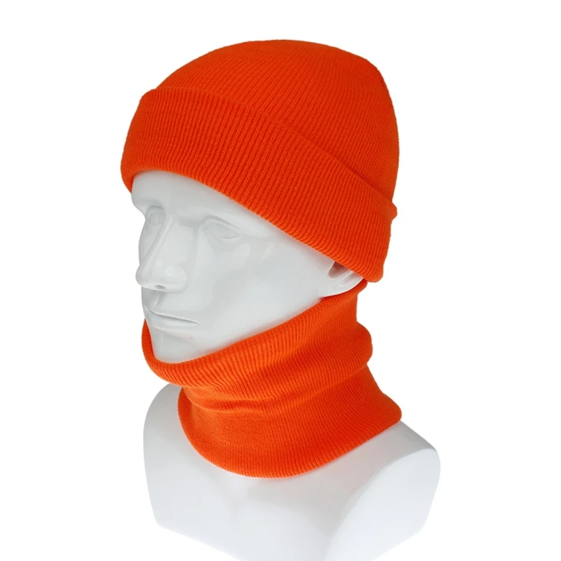 

Unisex Winter Ribbed Knit 2 Pcs Beanie Hat Circle Scarf Set Fluorescent Neon Solid Color Cuffed Skull Cap Neck Warmer