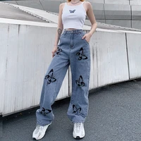 butterfly jeans women printed baggy denim pants blue straight leg trousers streetwear women korean fashion female cargo trousers
