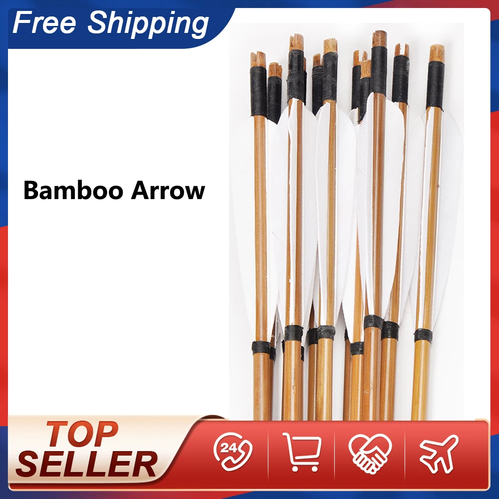 

31 Inches Spine 500 Bamboo Arrows with White Turkey Feathers for Hunting Shooting Bow Archery
