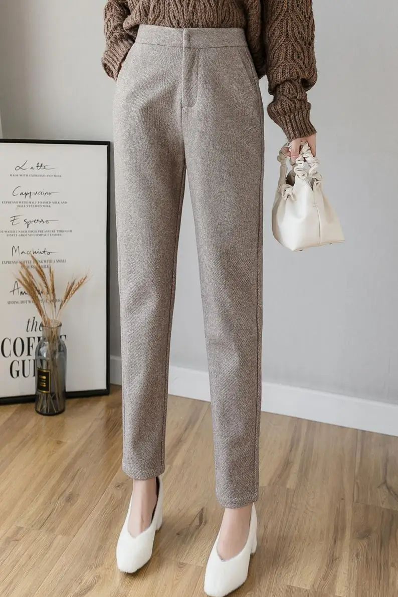 

Trousers High Waist Femme Casual Female Office Ladies Suit Pant Fashion Women Woolen Harem Pants Capris 2020 Autumn Winter