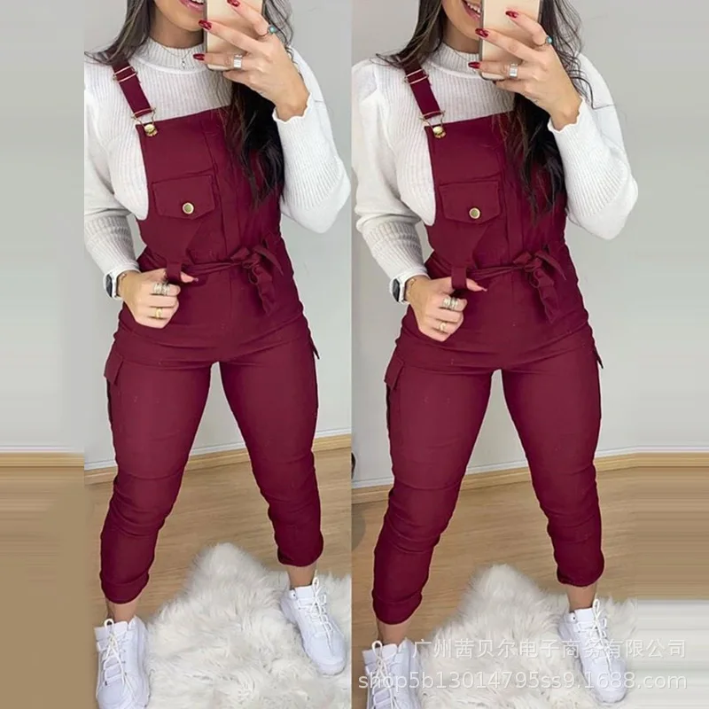 

Mandylandy Strap Pants Summer Fashion Pocket Stitching Strap Pencil Pants Women's Casual Solid Color Slim Fit Lace Up Trousers