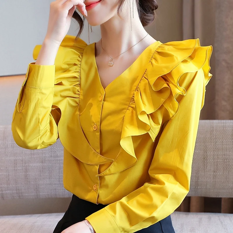 

Блузка Для женщин Blusas Mujer De Moda 2021 с длинным рукавом с v-образным вырезом, платья с рюшами в Шифоновая блузка рубашка Для женщин блузки рубашки ...